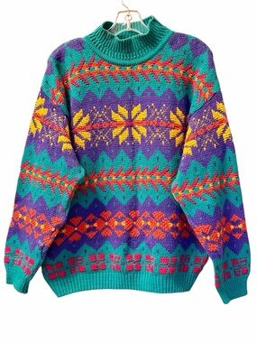 Vintage 80s American Eagle Colorful Aztec Sweater 100% Cotton Sz Large